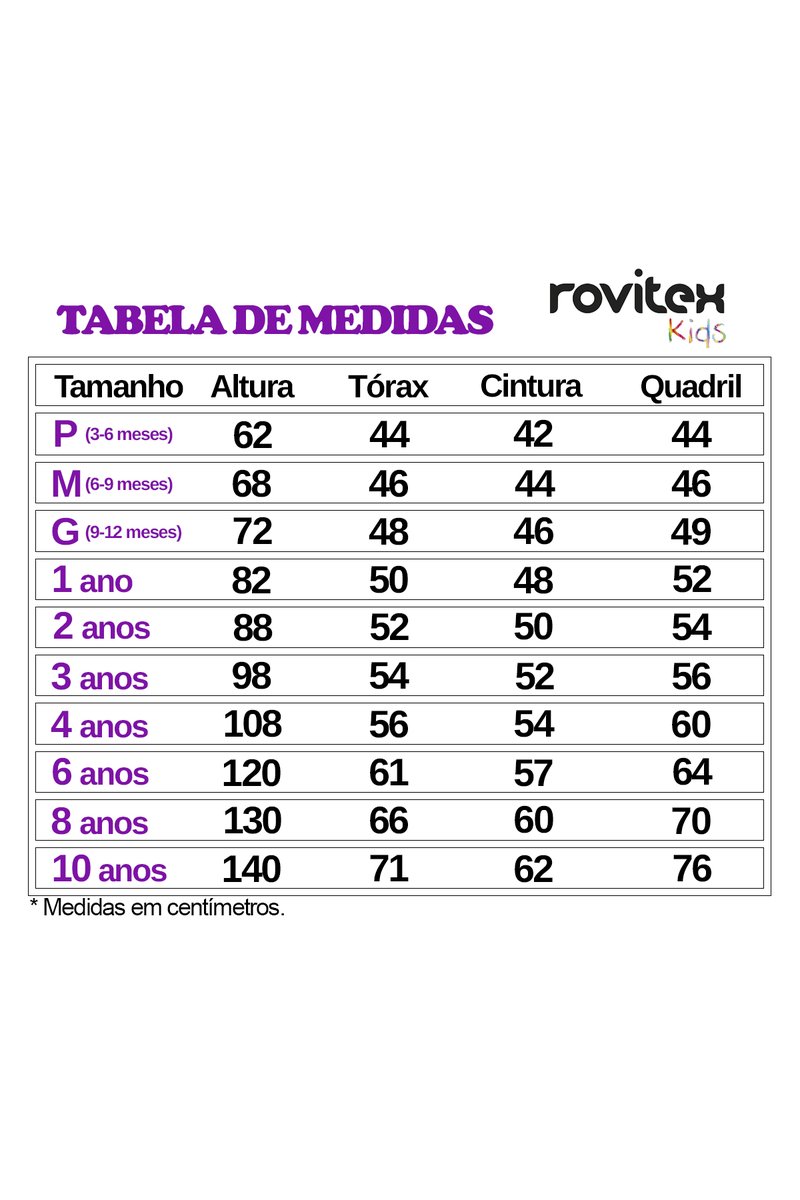 tabela medidas rovitex kids