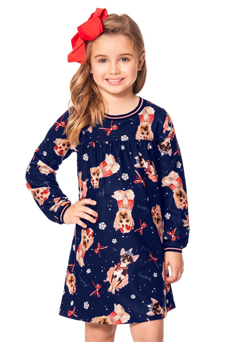 Vestido Manga Longa Infantil Menina Marinho - Alakazoo | Revenda