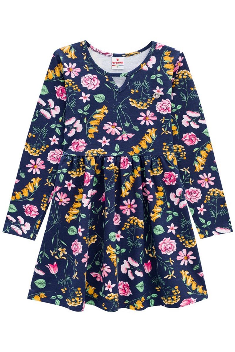 Vestido Manga Longa Infantil Menina Floral Marinho Brandili