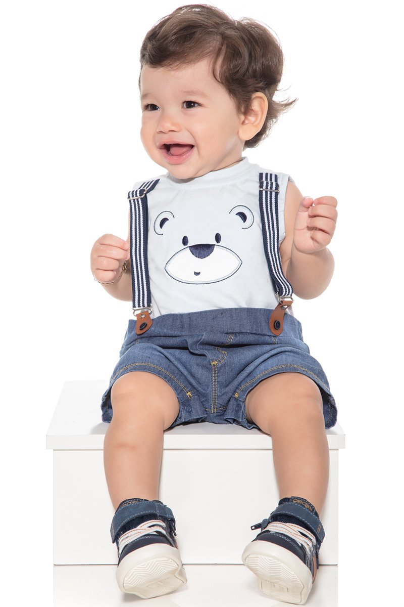 Macacão Curto Bebê Menino Ursinho Azul Paraiso Revenda