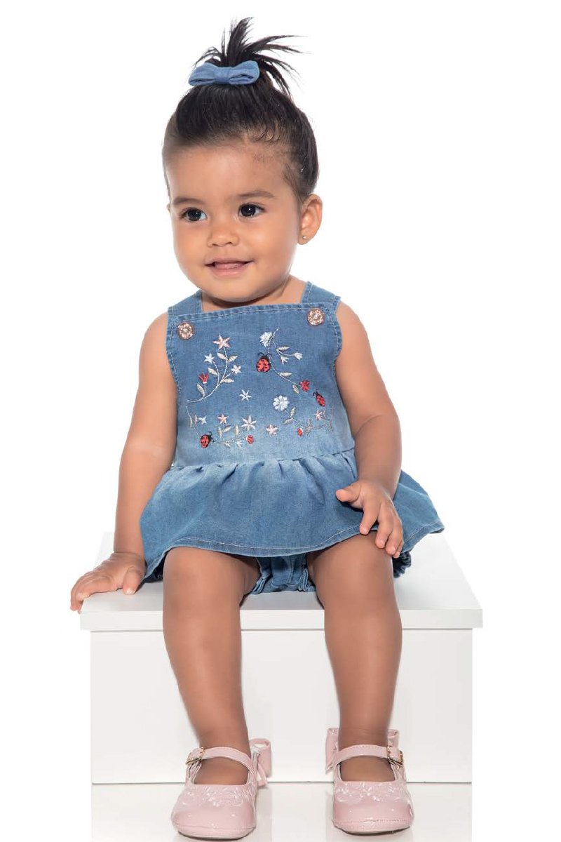 Macacão Jardineira Jeans Bebê Menina Azul Paraiso Revenda