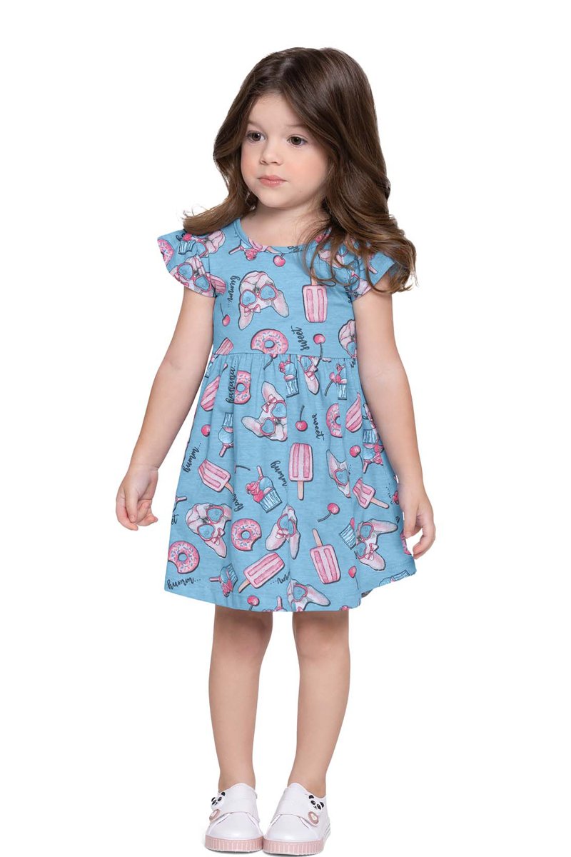 Vestido em Meia Malha Bebê Menina Picolés Azul - Fakini Forfun