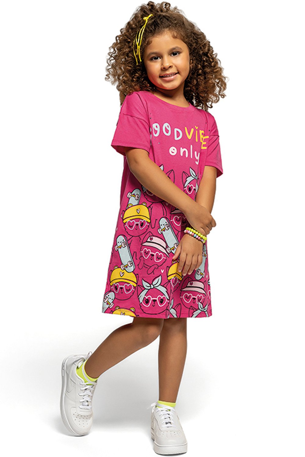 Vestido Meia Malha Infantil Menina Good Vibes Pink - Kamylus