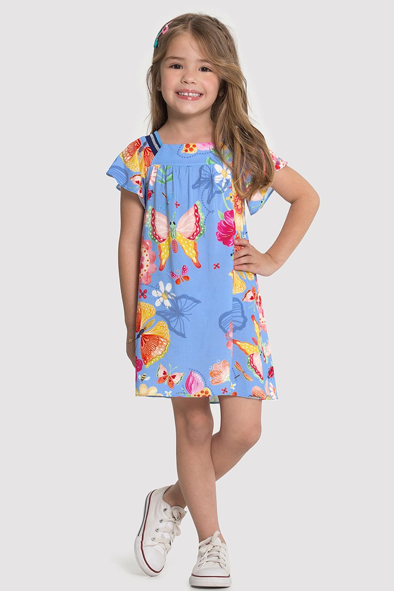 Vestido em Tecido Rayon Carmel Infantil Menina Azul Alakazoo