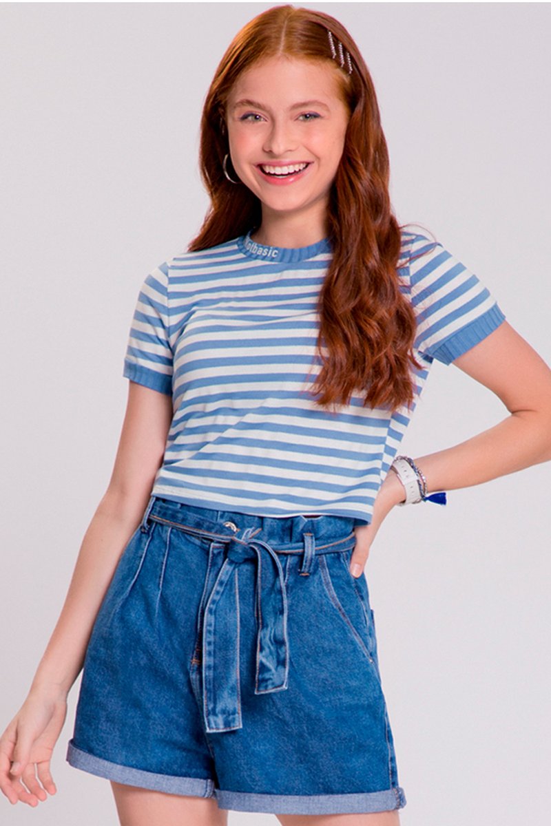 Blusa Cropped Juvenil Menina Listrada Azul Lunender Hits