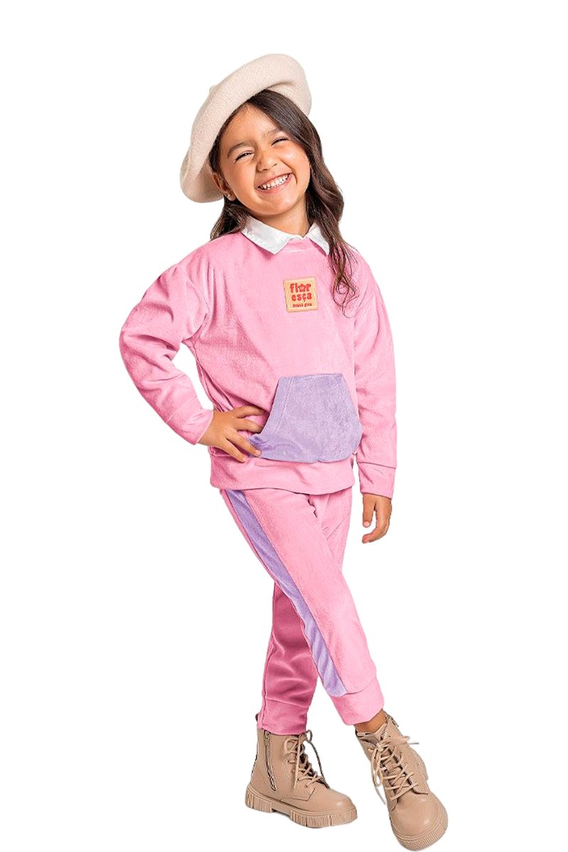 Conjunto Longo em Plush Infantil Menina Floresça Rosa Fakini