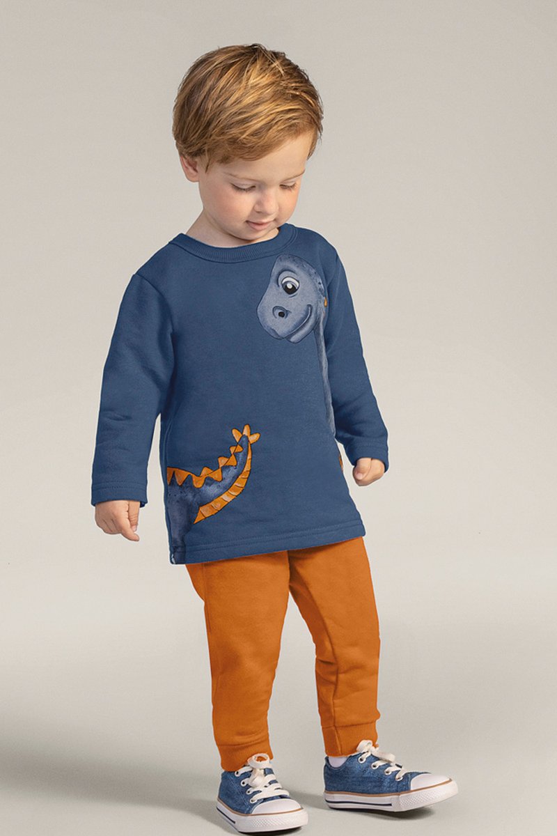 Conjunto em Moletom Infantil Menino Dinossauro Azul Brandili