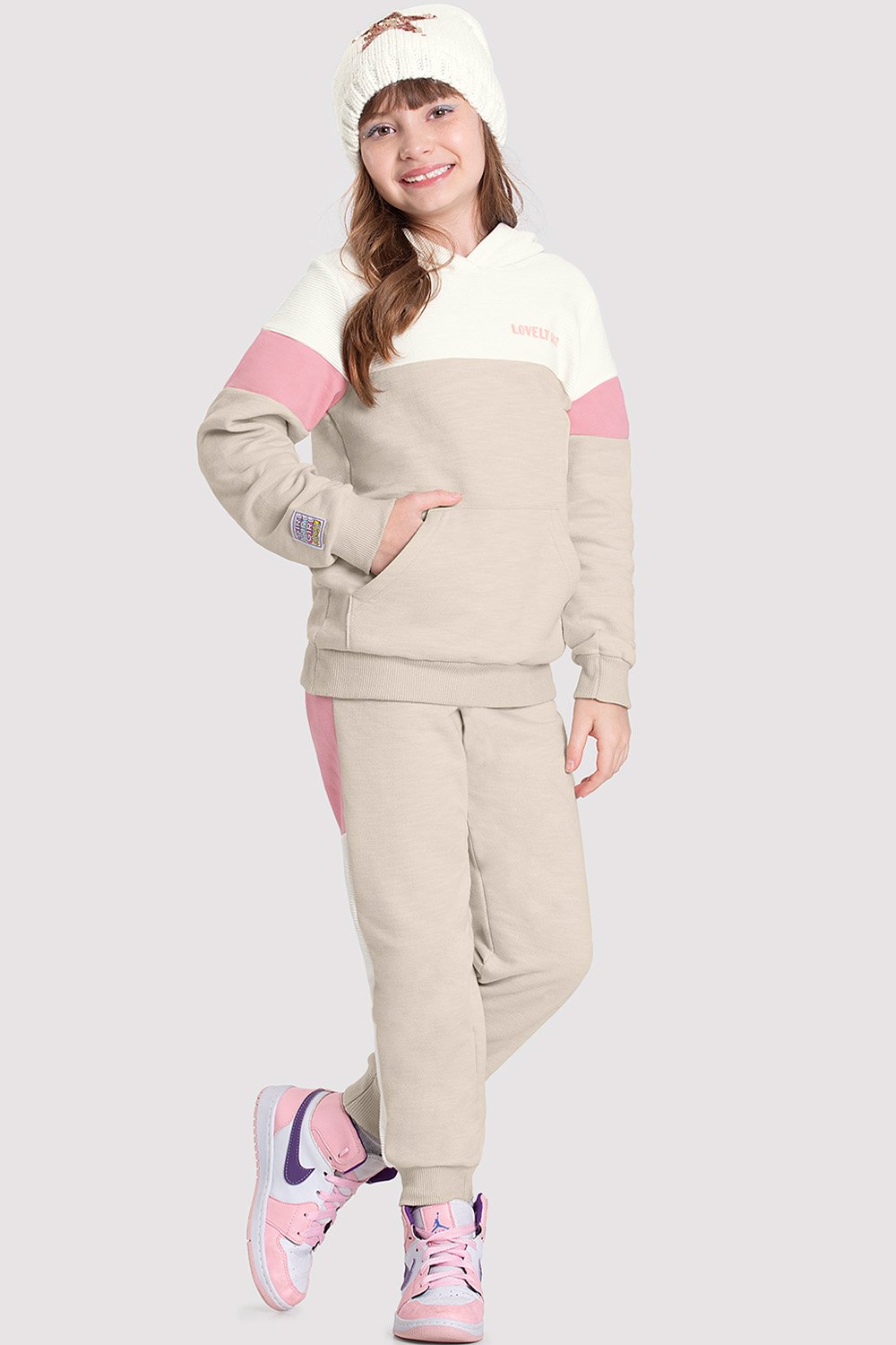Conjunto Moletom c/ Capuz Infantil Menina Lovely Bege - Alakazoo
