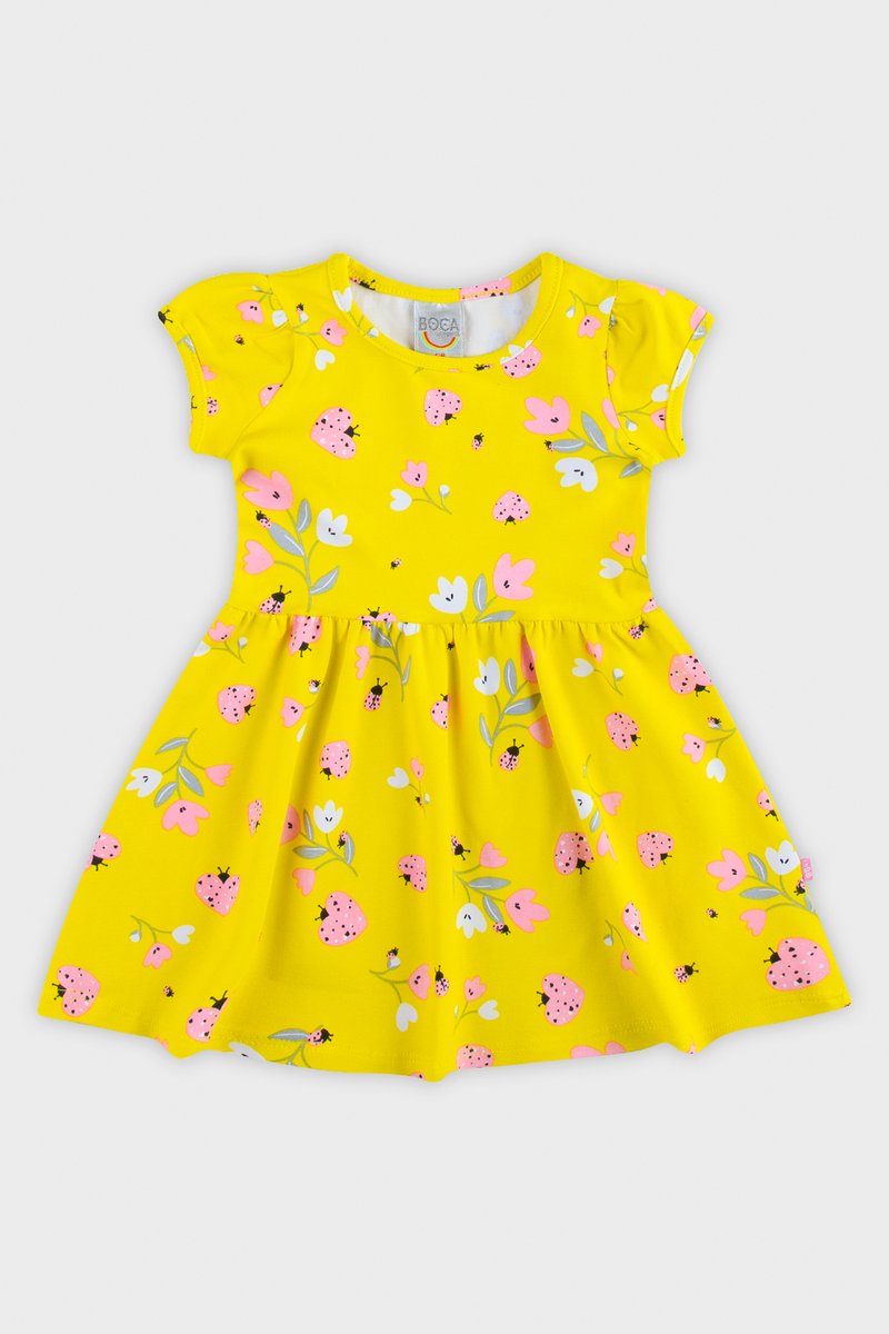 01 vestido bebe boca grande em cotton estampado amarelo