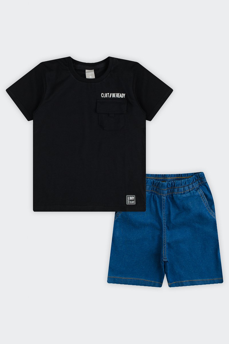 01 conjunto infantil menino bermuda moletom jeans coloritta