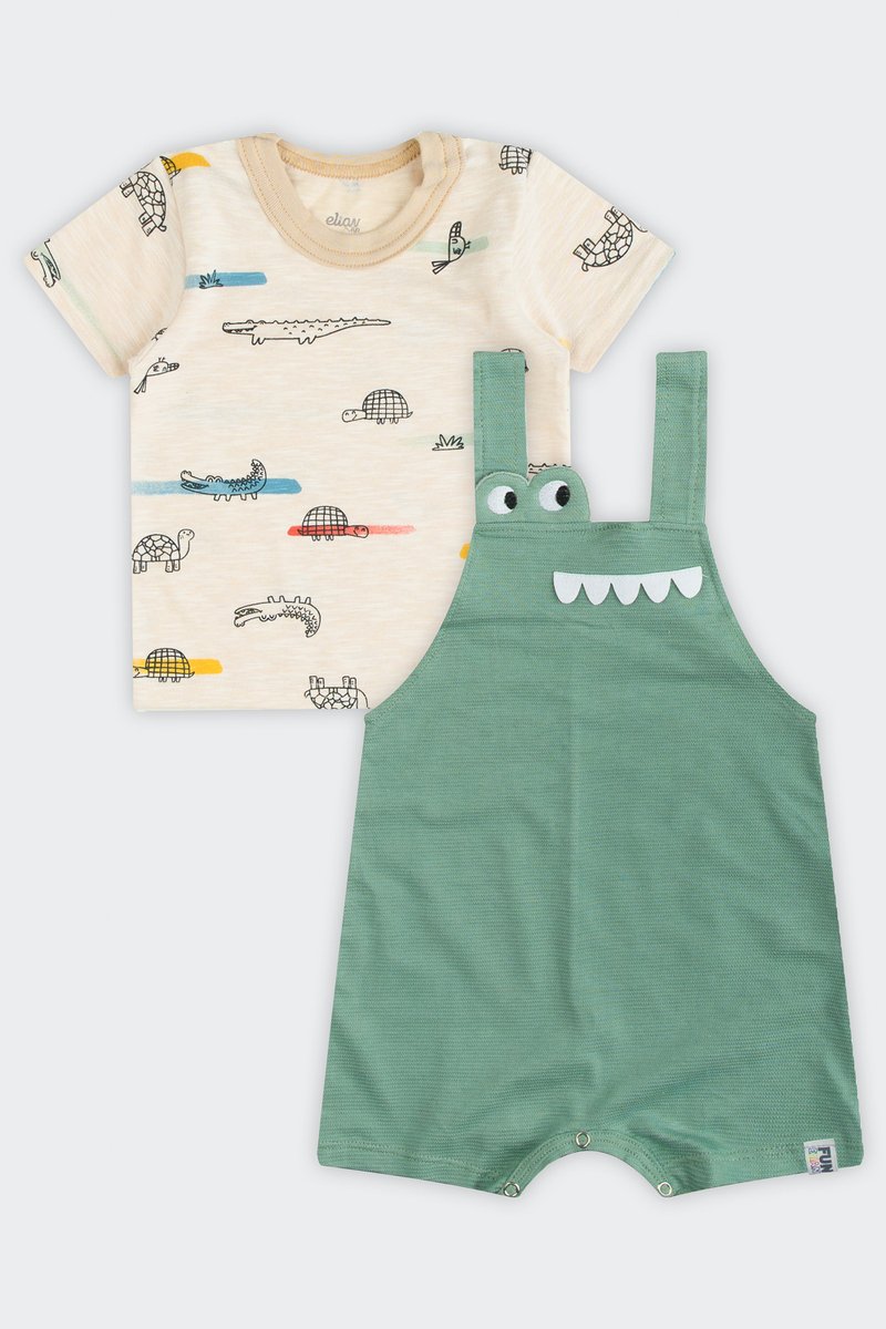 01 conjunto jardineira bebe menino jacare elian