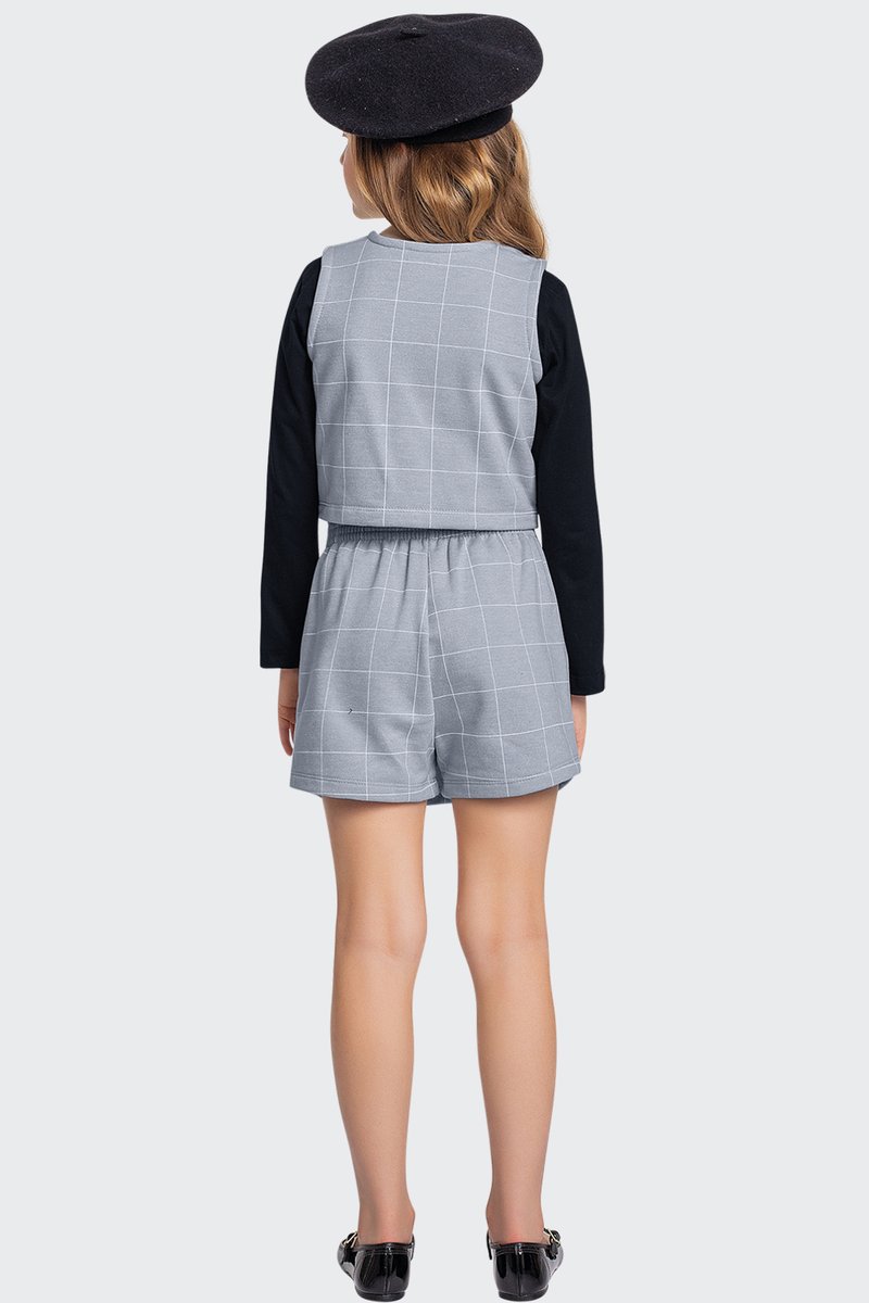 03 conjunto infantil menina blusa colete e short saia fakini