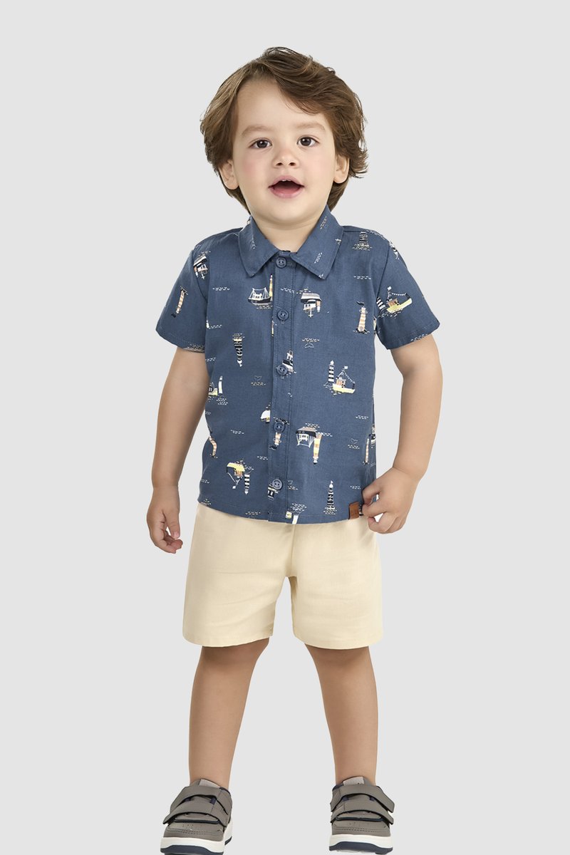 02 conjunto infantil menino camisa e bermuda sarja elian