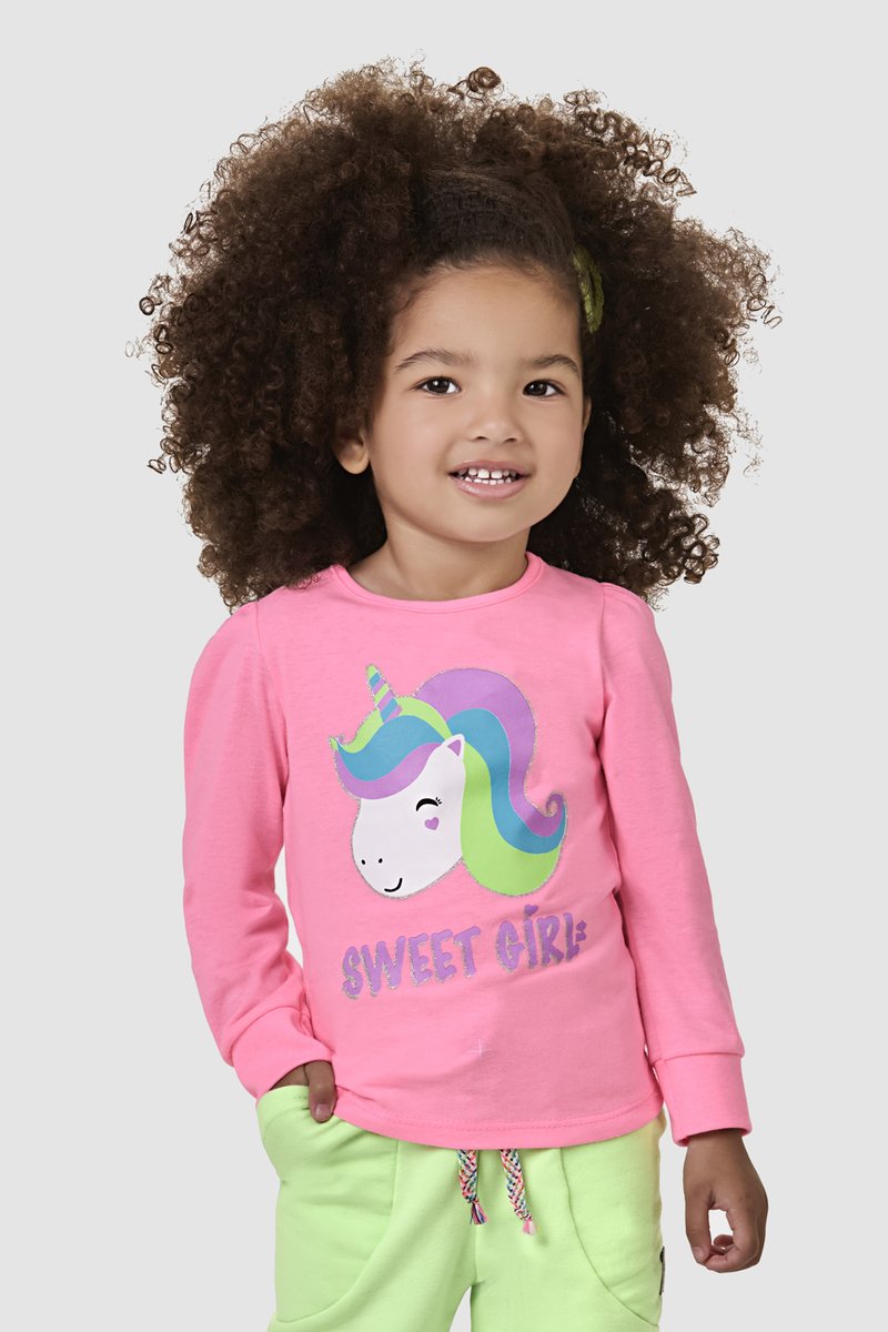 01 blusa manga longa infantil menina unicornio boca grande
