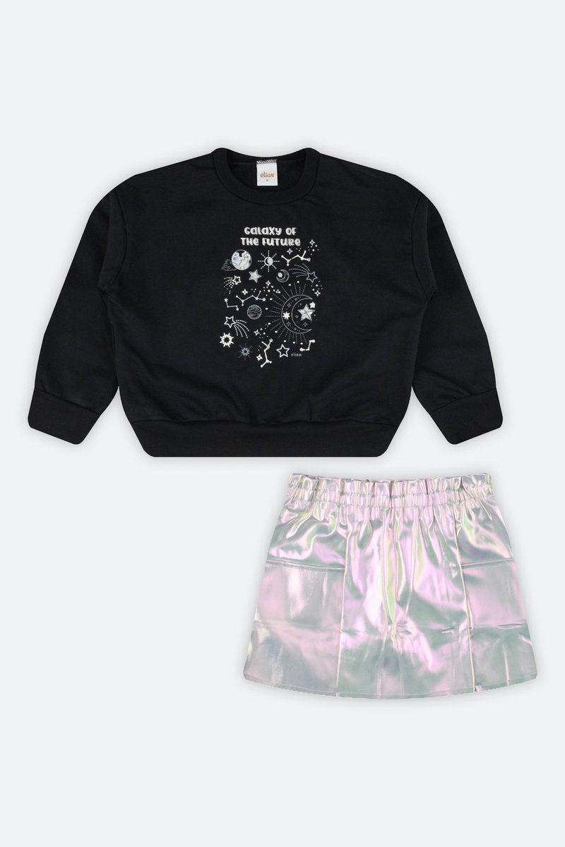 03 conjunto blusa e saia holografica infantil menina elian