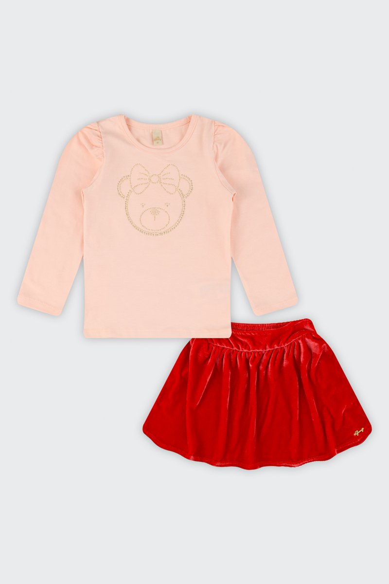 03 conjunto blusa e saia veludo classic infantil menina glinny