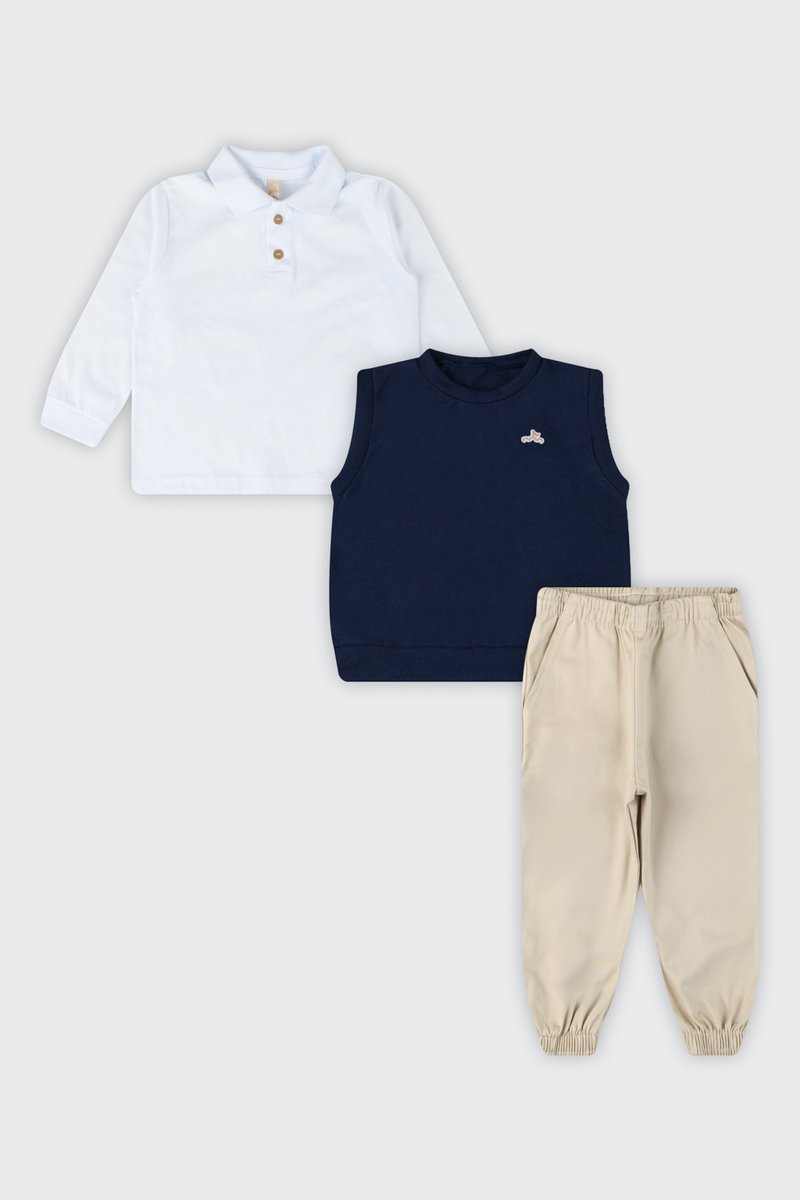 03 trijunto com polo calca e colete infantil menino glinny